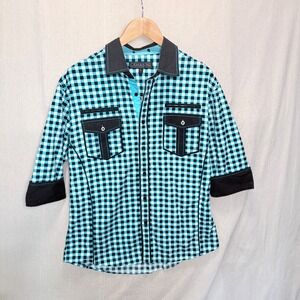Lamasini Mens Turquoise Black Gingham Check 3/4 Sleeve Button Up Shirt Large